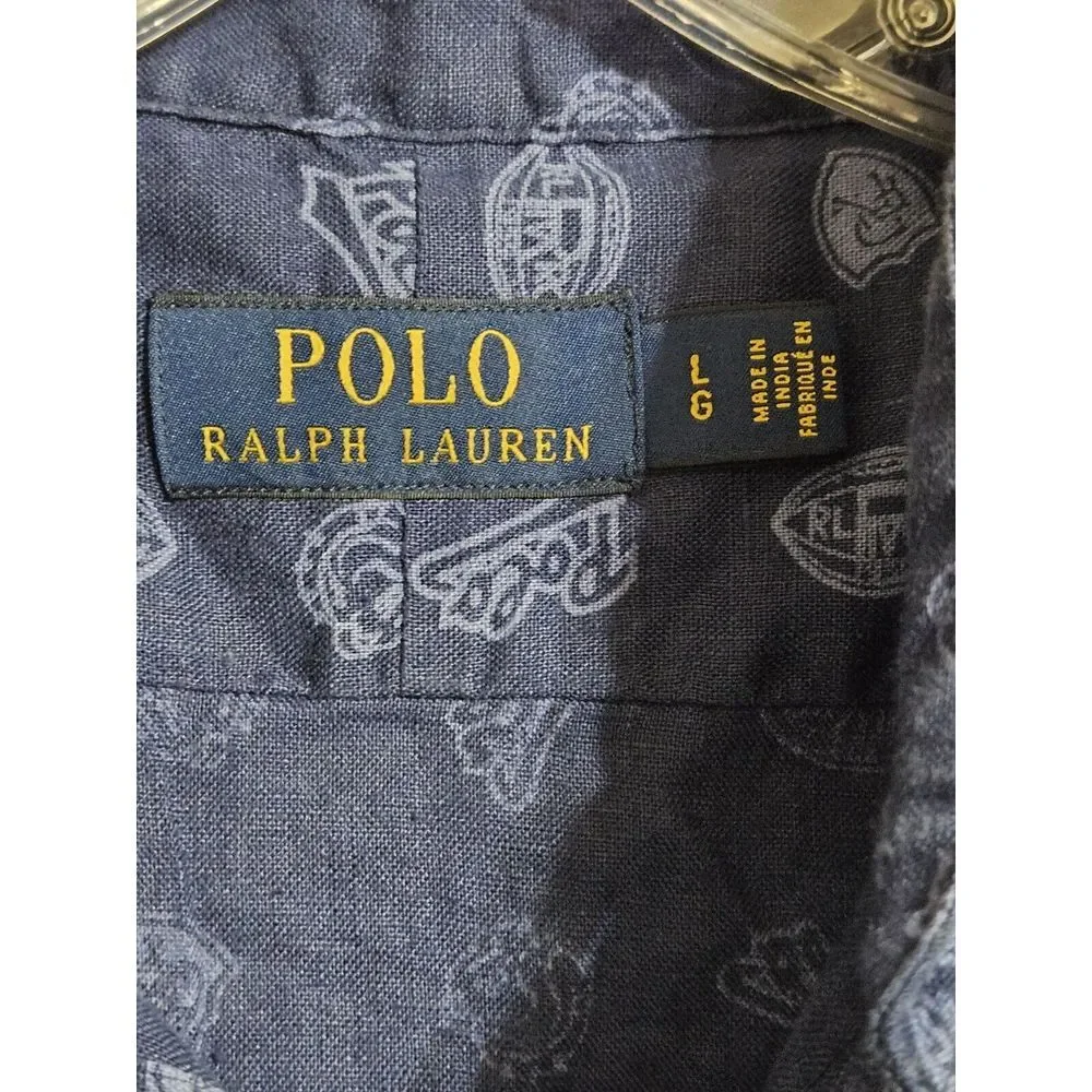 Polo Ralph Lauren Shirt 100% LINEN Blue All Over Rugby Football Print Men's‎ L